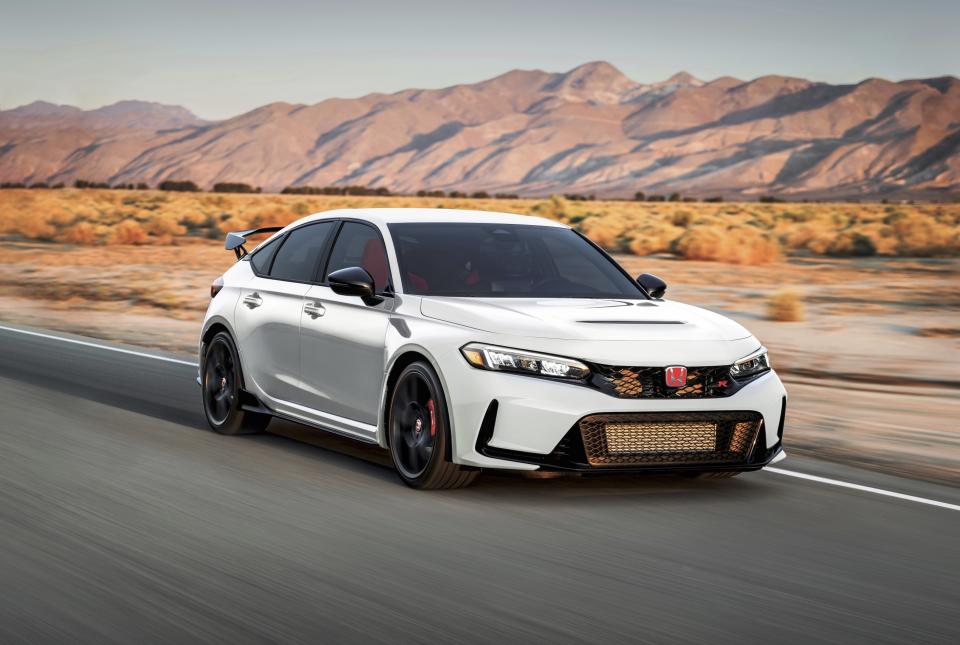 This photo provided by Honda, shows the 2023 Honda Civic Type R, a four-door, front-wheel drive hatchback, modified from the factory to produce 315 horsepower. (Courtesy of American Honda Motor Co., Inc. via AP)