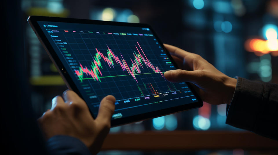 A close-up of a hand holding a tablet with financial charts and graphs.