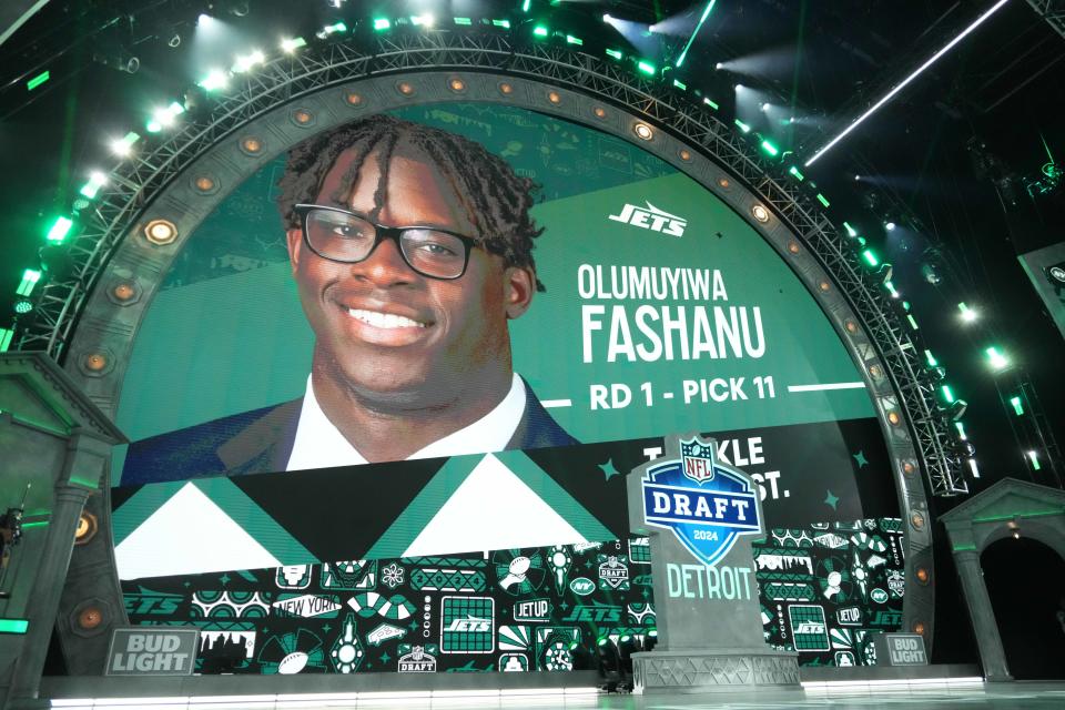 Apr 25, 2024; Detroit, MI, USA; Penn State Nittany Lions tackle Olumuyiwa Fashanu is selected as the No. 11 pick of the first round by the New York Jets during the 2024 NFL Draft at Campus Martius Park and Hart Plaza. Mandatory Credit: Kirby Lee-USA TODAY Sports