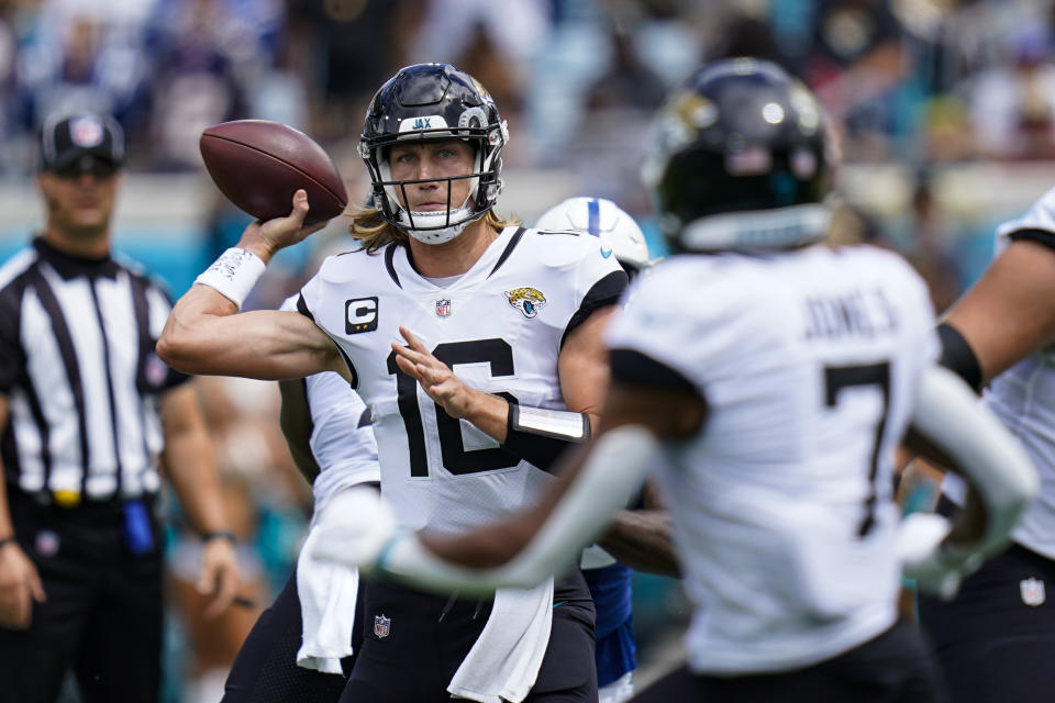 Jacksonville Jaguars quarterback Trevor Lawrence (16) throws against the Indianapolis Colts during the first half of an NFL football game, Sunday, Sept. 18, 2022, in Jacksonville, Fla. (AP Photo/John Raoux)