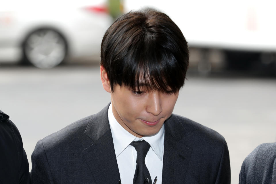 Choi Jong-Hoon, aka Jonghoon (Jong Hoon) former member of South Korean boy band FTisland is seen arriving at a Seoul police station in March 2019.