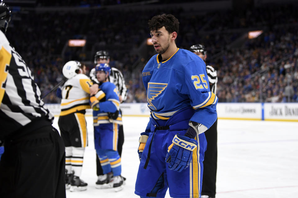 St. Louis Blues center Jordan Kyrou (25) looks on during the second period of an NHL hockey game against the Pittsburgh Penguins, Saturday, Feb. 25, 2023, in St. Louis. (AP Photo/Jeff Le)