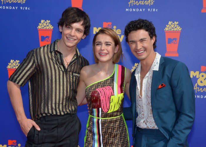 (L-R) Ross Lynch, Kiernan Shipka and Gavin Leatherwood arrive for the taping of the 28th annual MTV Movie & TV Awards ceremony at the Barker Hangar in Santa Monica, Calif., on June 15, 2019. File Photo by Jim Ruymen/UPI