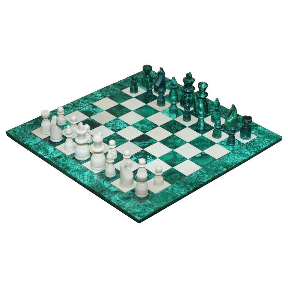 16) Sublime Solid Malachite and Marble Medium Sized Chess Set Must See Pictures