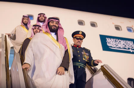 Saudi Arabia's Crown Prince Mohammed bin Salman arrives in Algiers, Algeria December 2, 2018. Picture taken December 2, 2018. Bandar Algaloud/Courtesy of Saudi Royal Court/Handout via REUTERS
