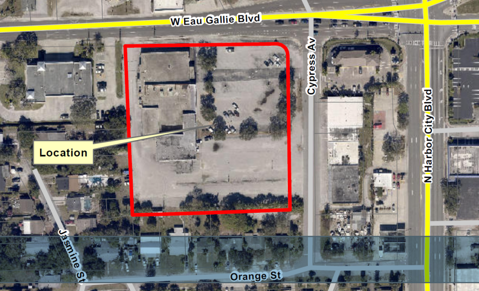 The area outlined in red shows the Avery Eau Gallie site, just southwest of the intersection of North Harbor City Boulevard (U.S. 1) and West Eau Gallie Boulevard.