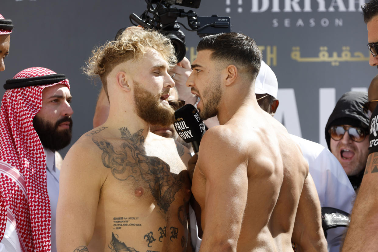 Jake Paul (L) jaws at Tommy Fury following their weigh-in Saturday in Riyadh, Saudi Arabia. Paul came in at 183.6 pounds and Fury, the half-brother of lineal heavyweight champion Tyson Fury, was 184.5. (Photo courtesy Skills Challenge)