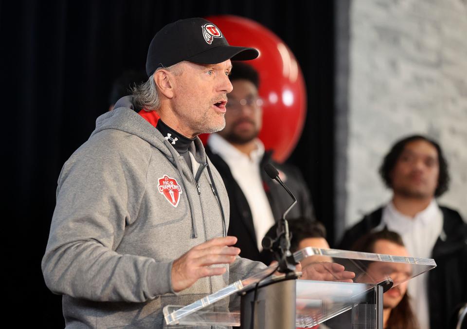 University of Utah football coach Kyle Whittingham speaks during a Crimson Collective launch event at the Rice-Eccles Stadium in Salt Lake City on Friday, April 21, 2023. The Crimson Collective is an independent NIL organization and the exclusive NIL collective for Utah football. | Kristin Murphy, Deseret News
