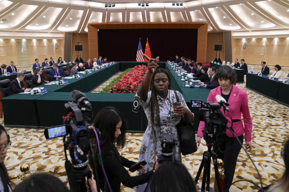 Embassy staffers ask journalists to leave the hall after U.S. Treasury Secretary Janet Yellen and Chinese Vice Premier He Lifeng arrive to a bilateral meeting at the Guangdong Zhudao Guest House in southern China's Guangdong province, Saturday, April 6, 2024. (AP Photo/Andy Wong, Pool)