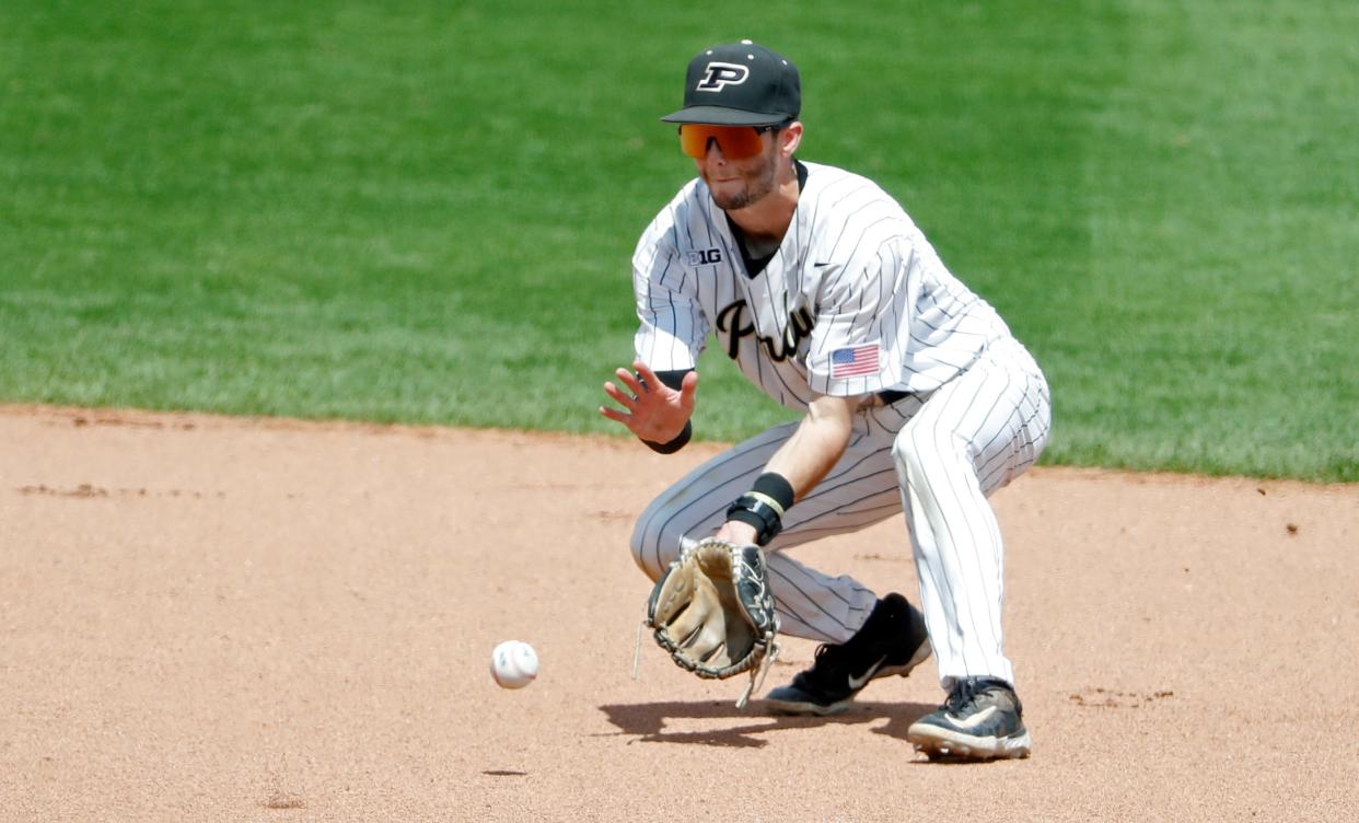 Purdue Boilermakers infielder Ty Gill (2) fields ground ball during the NCAA baseball game against the Indiana Hoosiers, Sunday, May 5, 2024, at Alexander Field in West Lafayette, Ind.