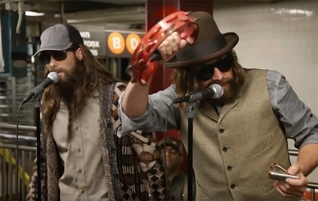 Maroon 5's Adam Levine and Jimmy Fallon were seen preforming in the NYC subway on Tuesday night. Source: Supplied