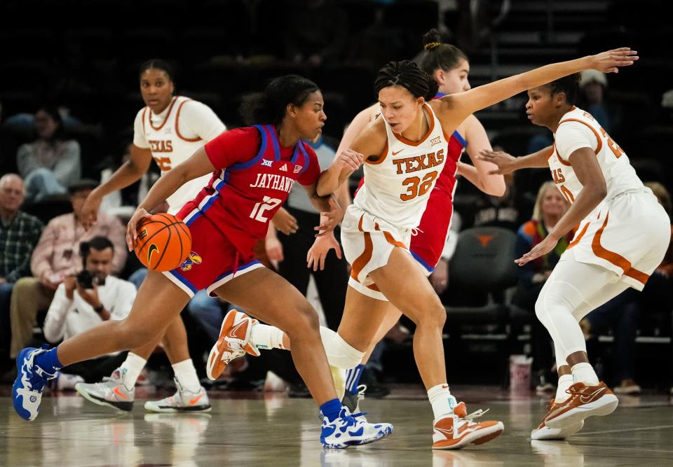 Texas guard Ndjakalenga Mwenentanda defends against Kansas guard S'Mya Nichols in a Jan. 16 game at Moody Center. Mwenentanda has become an effective defender, especially when the Longhorns play zone defense.