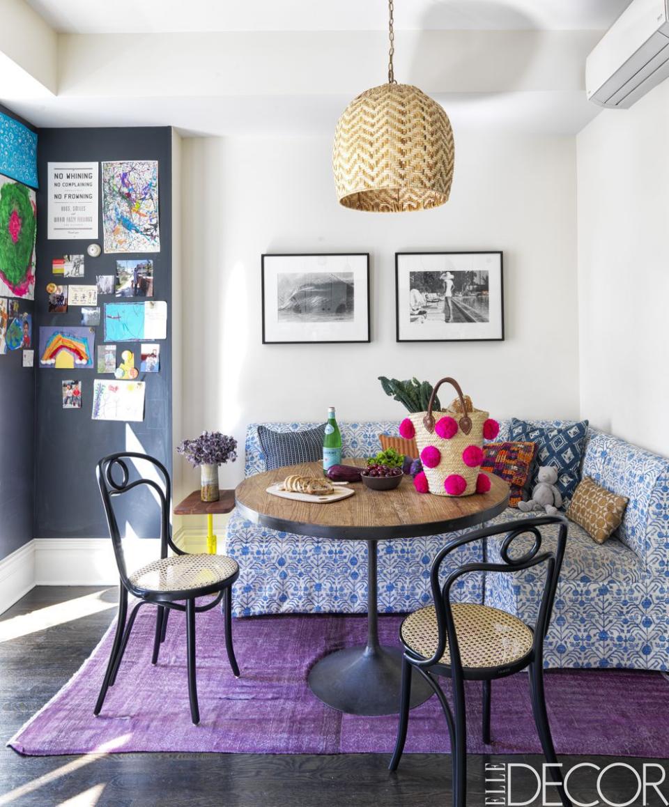 <p>If the surfaces in your kitchen are already accounted for-and they're not yet blue-take a look at your seating. The breakfast nook banquette in a <a rel="nofollow noopener" href="https://www.elledecor.com/design-decorate/house-interiors/a9535151/windsor-terrace-family-home/" target="_blank" data-ylk="slk:Brooklyn townhouse;elm:context_link;itc:0;sec:content-canvas" class="link ">Brooklyn townhouse</a> is upholstered in a smart Zak+Fox patterned fabric.</p>