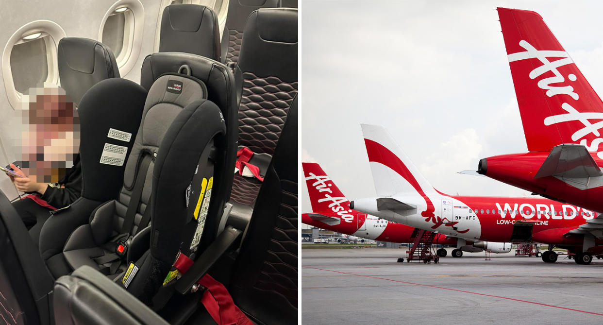 The child car seat in the middle seat beside a young girl playing on a phone (left) and three AirAsia planes on the tarmac at an airport (right). 