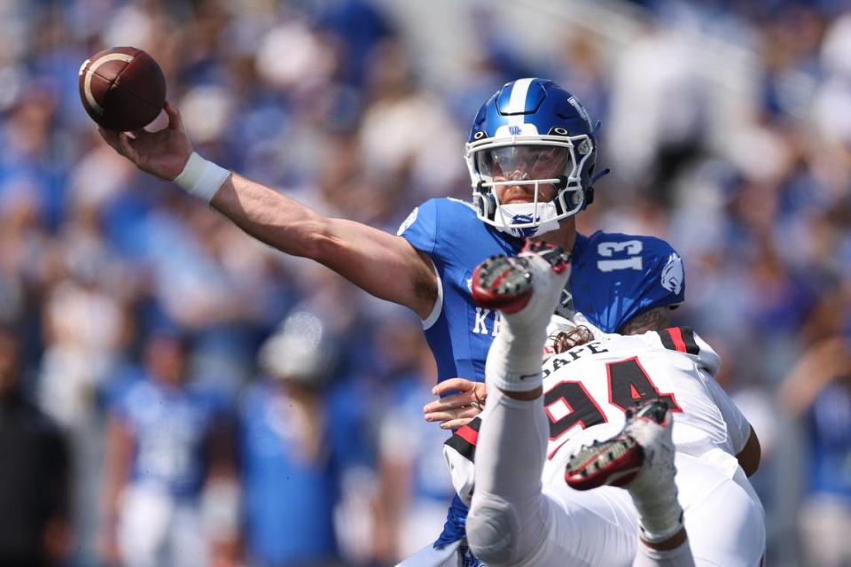 Kentucky quarterback Devin Leary attempts a pass against Ball State in the season opener for both teams on Saturday, Sept. 2, 2023, at Kroger Field in Lexington, Ky. Silas Walker/swalker@herald-leader.com