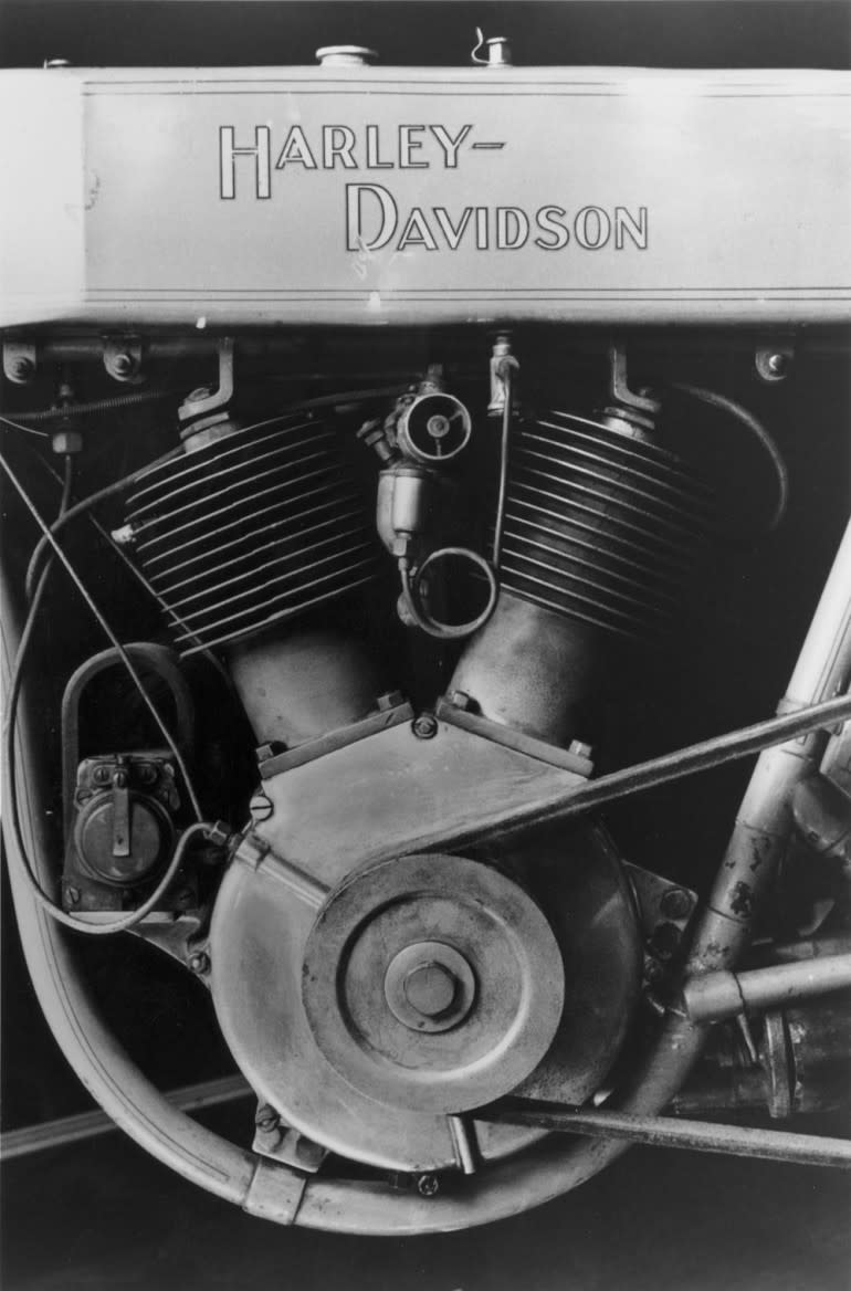 Close up of a 1909 Harley-Davidson motorcycle with the newly designed V-twin motor. Photo Courtesy of the H-D Archives.