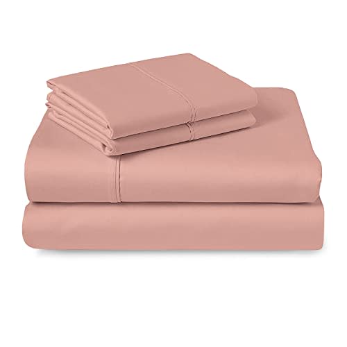 Pizuna 400 Thread Count Cotton Queen Size Sheet Set Rose Pink, 100% Long Staple Cotton Soft Sateen Bed Sheets with Stylish 4 inch Hem, fit Upto 15 inch Deep Pocket (100% Cotton Rose Pink Sheets Queen)
