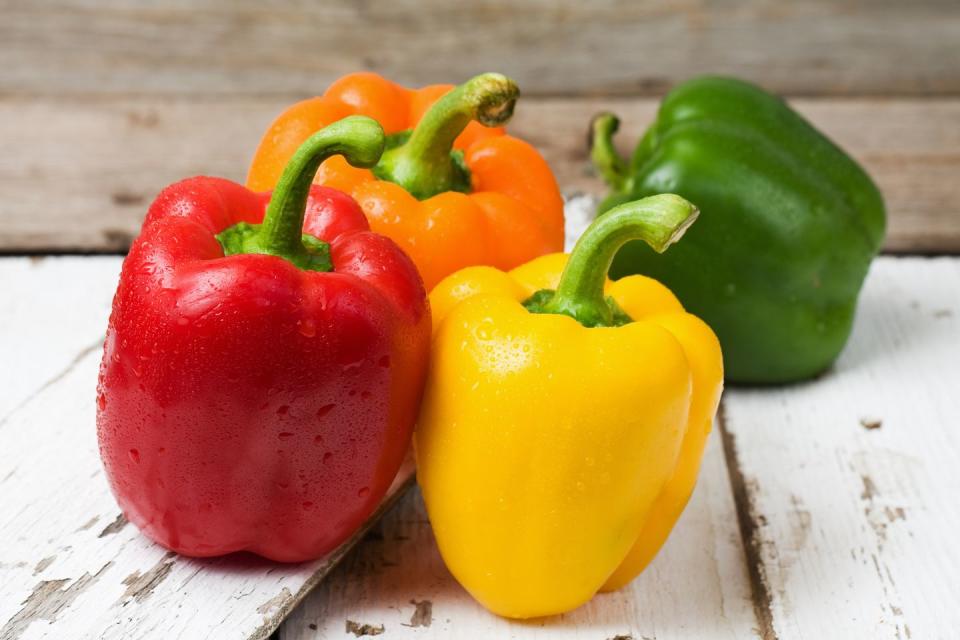 <p>No matter what color bell pepper you choose, you’ll be loading up on vitamins, minerals, and fiber, but very few calories. They’re also versatile—<a href="https://www.prevention.com/food-nutrition/recipes/a20502475/parsnip-pepper-and-onion-hash/" rel="nofollow noopener" target="_blank" data-ylk="slk:sauté;elm:context_link;itc:0;sec:content-canvas" class="link ">sauté</a> them, turn them into a <a href="https://www.prevention.com/food-nutrition/recipes/a20525967/creole-pea-and-pepper-soup/" rel="nofollow noopener" target="_blank" data-ylk="slk:soup;elm:context_link;itc:0;sec:content-canvas" class="link ">soup</a>, <a href="https://www.prevention.com/food-nutrition/recipes/a20482693/rice-and-turkey-stuffed-peppers/" rel="nofollow noopener" target="_blank" data-ylk="slk:stuff;elm:context_link;itc:0;sec:content-canvas" class="link ">stuff</a> them, <a href="https://www.prevention.com/food-nutrition/recipes/a20482529/roasted-red-pepper-chicken/" rel="nofollow noopener" target="_blank" data-ylk="slk:roast;elm:context_link;itc:0;sec:content-canvas" class="link ">roast</a> them, or eat them raw.</p>