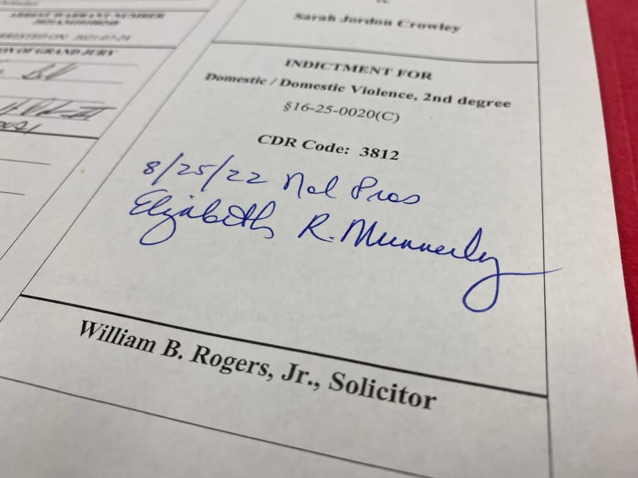 During a visit to the Marlboro County Clerk’s Office on Oct. 11, 2022, we found Fourth Circuit Assistant Solicitor Elizabeth Munnerlyn’s signature on the front of the domestic violence indictment against Sarah Jordon Crowley. The signature and “nol pros,” which is shorthand for Nolle prosequi, a Latin phrase meaning the prosecutor no longer plans to prosecute a case. (WJZY Photo/Jody Barr)