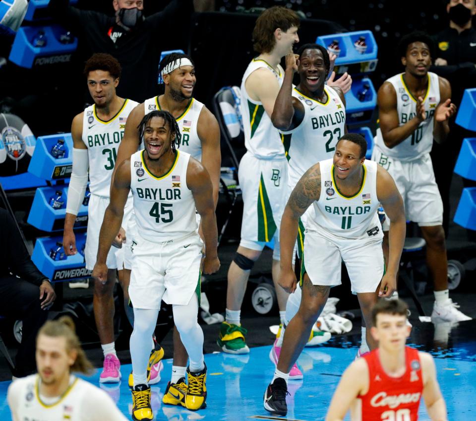 The Baylor bench celebrated as time ran out in  the team's defeat of Houston in the national semifinal at the Final Four in Indianapolis.