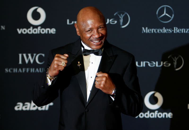 FILE PHOTO: Former world middleweight champion Hagler poses on the red carpet as he arrives for the Laureus World Sports Awards in Abu Dhabi