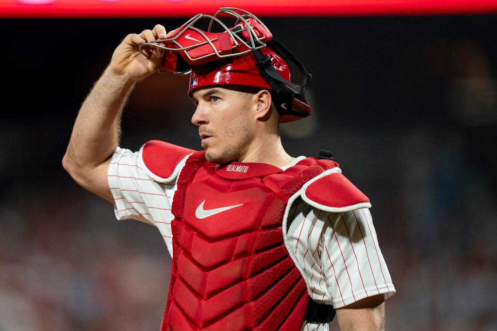 Philadelphia Phillies catcher J.T. Realmuto looks on during the Game 1 in an NL wild-card baseball playoff series against the Miami Marlins, Tuesday, Oct. 3, 2023, in Philadelphia. The Phillies won 4-1, (AP Photo/Chris Szagola)
