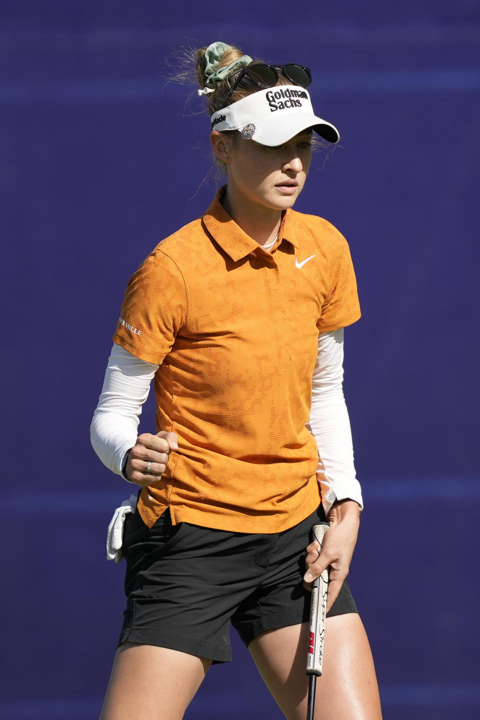 Nelly Korda celebrates after a birdie on the 18th hole during the third round of the Chevron Championship women's golf tournament at The Club at Carlton Woods on Saturday, April 22, 2023, in The Woodlands, Texas. (AP Photo/David J. Phillip)