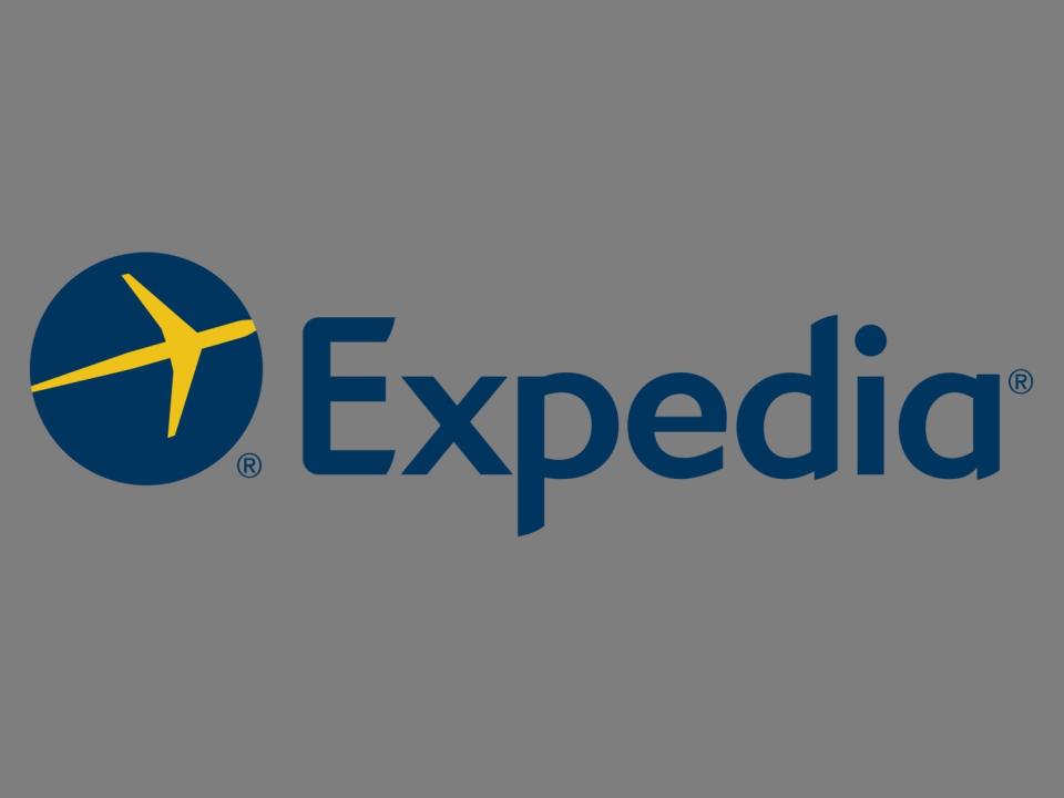 EXPEDIA logo, online travel agency, graphic element on gray