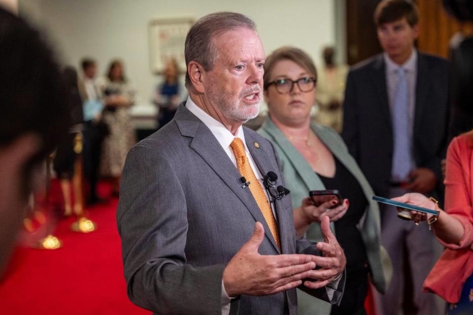 Sen. leader Phil Berger answers questions from the media following a final vote on the state budget bill Friday, Sept. 22, 2023 on the Senate Floor of the General Assembly. The bill passed the Republican-controlled General Assembly on Friday after a final Senate vote.