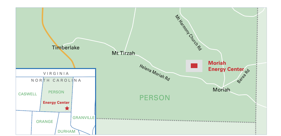 This map shows the location of the Moriah Energy Center, in southeastern Person County, about two miles from the Durham and Granville county lines. (Map: Dominion)