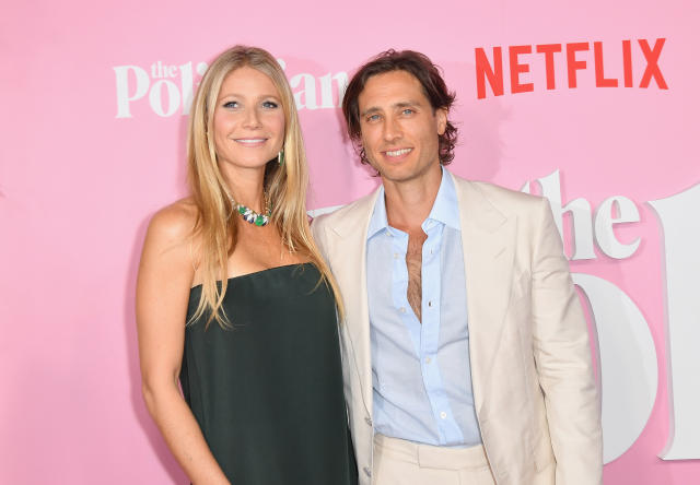 US actress Gwyneth Paltrow and her husband writer/producer Brad Falchuk arrive for the Netflix premiere of 