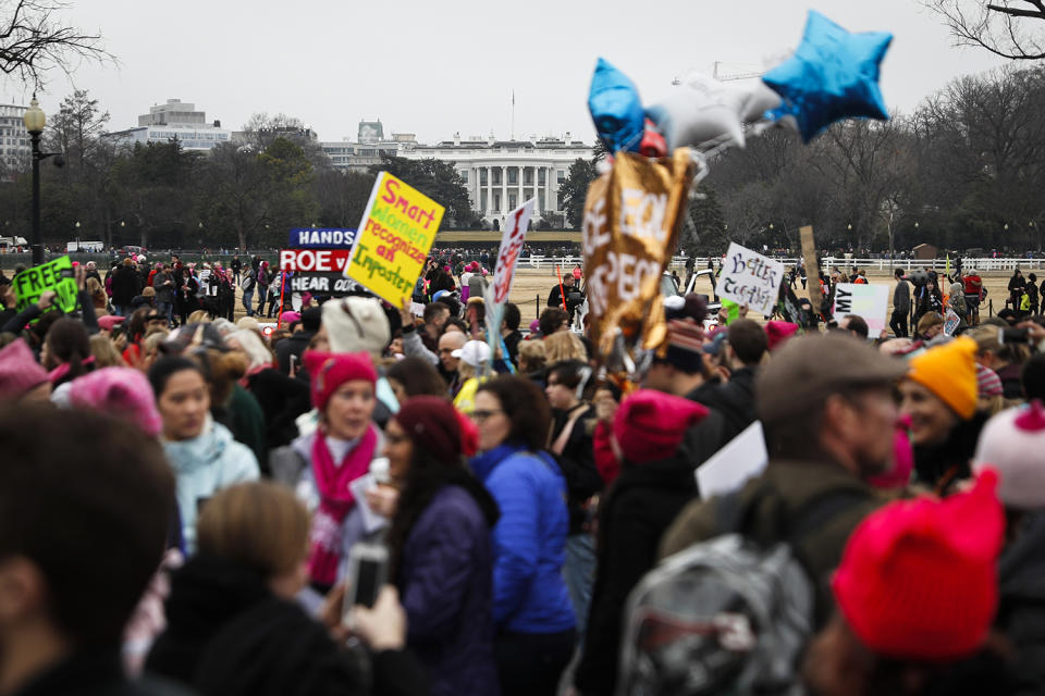 <p>Protesters walk across Constitution Avenue near the White House for the Women’s March on Washington during the first full day of Donald Trump’s presidency, Saturday, Jan. 21, 2017 in Washington. (AP Photo/John Minchillo) </p>