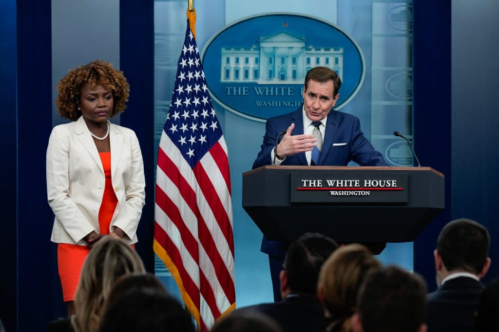 White House Press Secretary Karine Jean-Pierre looks on as Coordinator for Strategic Communications at the National Security Council John Kirby speaks during the daily press briefing at the White House on December 19, 2023 in Washington, DC. (Photo by Drew Angerer/Getty Images)