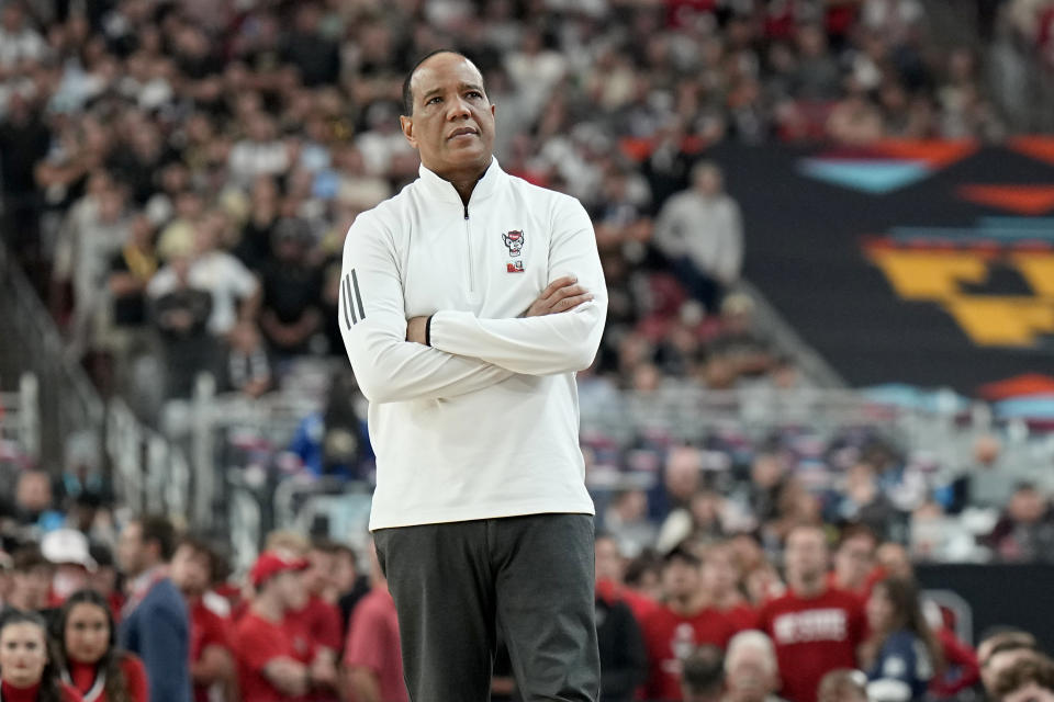 NC State head coach Kevin Keatts watches during the second half of the NCAA college basketball game against Purdue at the Final Four, Saturday, April 6, 2024, in Glendale, Ariz. (AP Photo/Brynn Anderson )