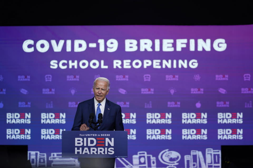 Democratic presidential candidate former Vice President Joe Biden speaks in Wilmington, Del., Wednesday, Sept. 2, 2020, about school reopenings. (AP Photo/Carolyn Kaster)