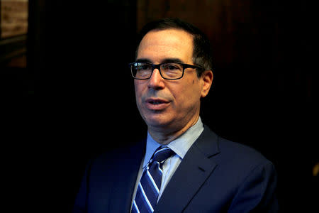 FILE PHOTO: U.S. Treasury Secretary Steven Mnuchin speaks during his interview with Reuters in Jerusalem October 21, 2018. REUTERS/Ronen Zvulun/File Photo