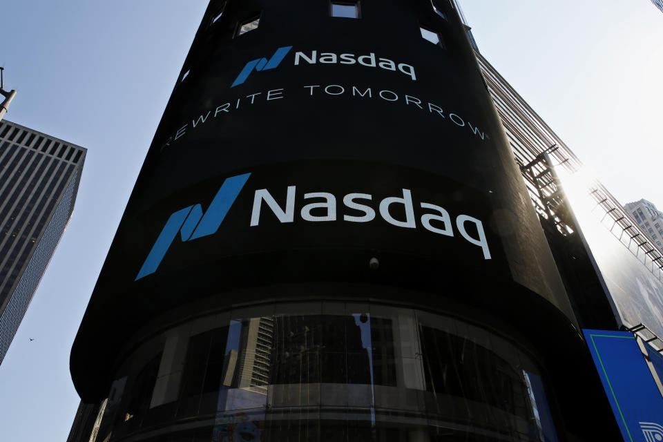 NEW YORK, NEW YORK - MARCH 10: View of Nasdaq building at Times Square on March 10, 2021, in New York. The Nasdaq Composite continued falling more than half a percent during the day. Also, the move away from Apple Inc, Amazon.com Inc , Facebook Inc, Tesla Inc and Microsoft Corp, falling during the day, helped small-cap stocks rise more than double the gains of the S&P 500. (Photo by John Smith/VIEWpress)