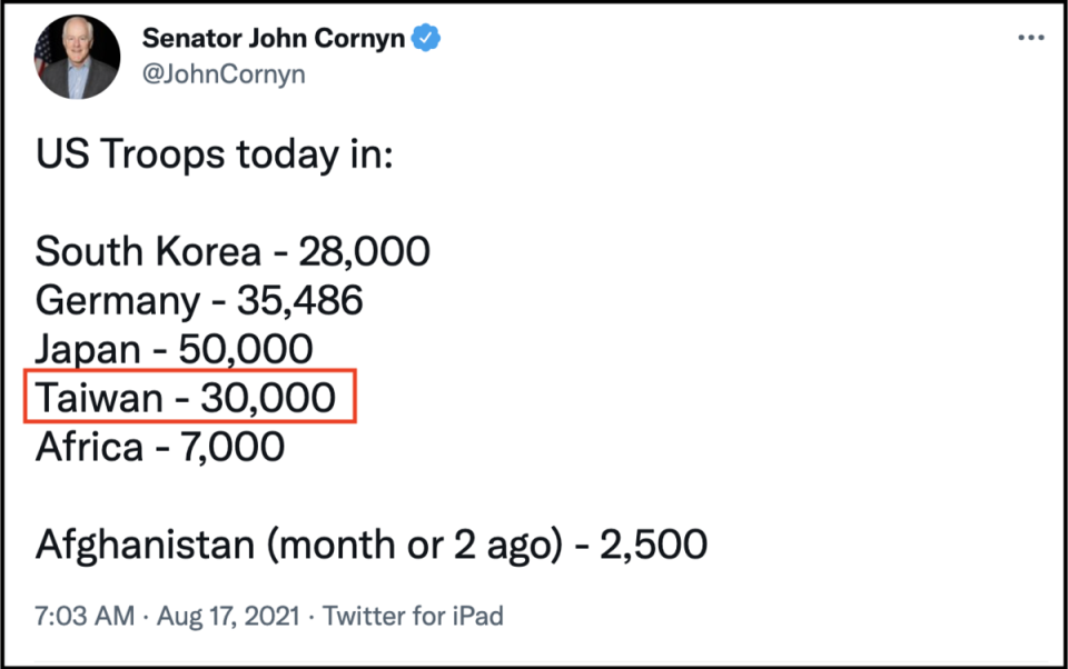 康寧昨在推特列出現今美軍派駐各地人數，其中台灣有3萬人，比南韓還多。（翻攝John Cornyn推特）