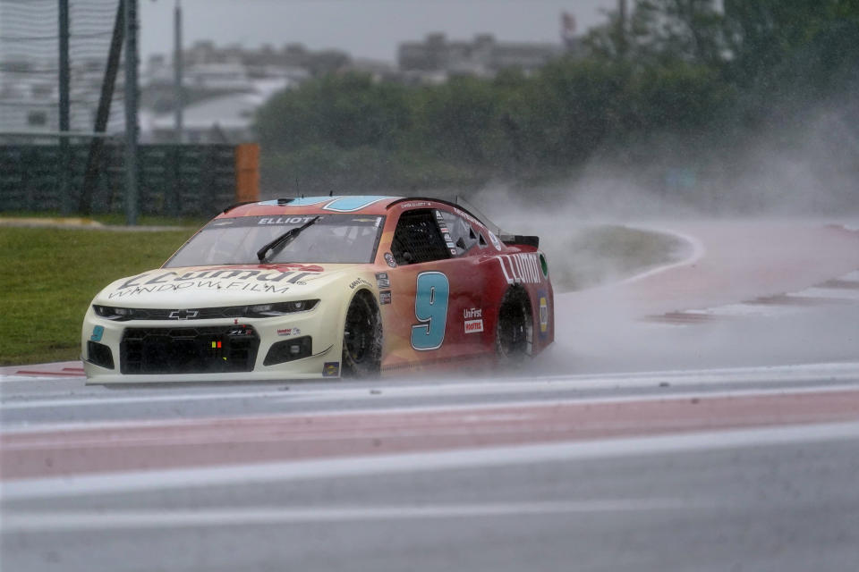 Chase Elliott (9) drives out of Turn 18 during practice for Sunday's NASCAR Cup Series auto race at the Circuit of the Americas in Austin, Texas, Saturday, May 22, 2021. (AP Photo/Chuck Burton)