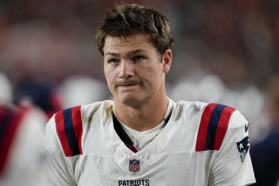 New England Patriots quarterback Drake Maye during the first half of an NFL preseason football game against the Washington Commanders, Sunday, Aug. 25, 2024, in Landover, Md. (AP Photo/George Walker IV)