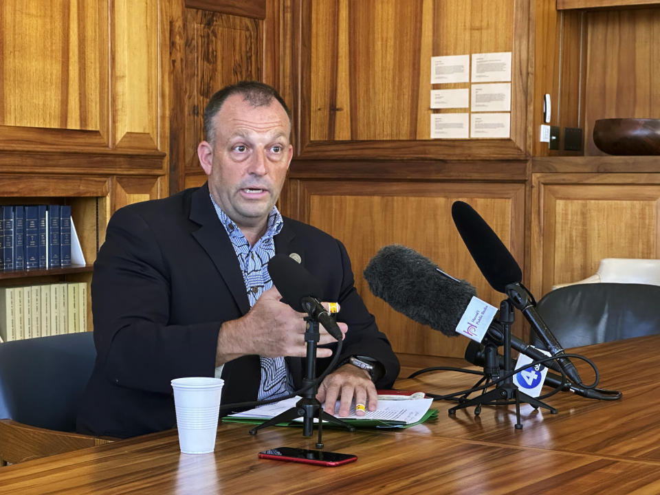 Hawaii Gov. Josh Green speaks to the media, in Honolulu, Friday, Sept. 8, 2023. (AP Photo/Audrey McAvoy)