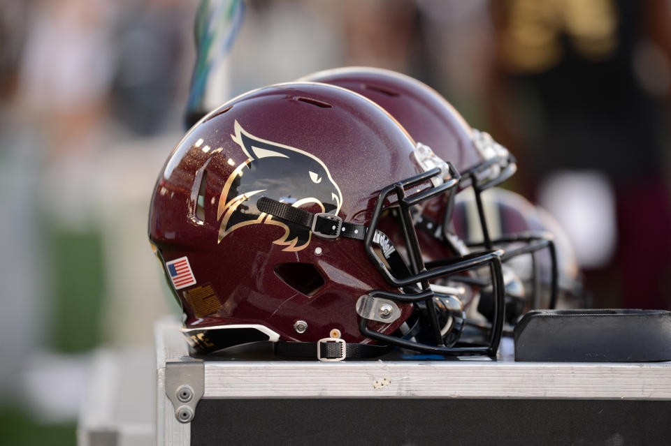 SAN MARCOS, TX - NOVEMBER 24: A Texas State Bobcats helmet sits on the sidelines during Sun Belt Conference game against the Arkansas State Red Wolves on November 24, 2018 at Bobcat Stadium in San Marcos, TX. (Photo by John Rivera/Icon Sportswire via Getty Images)