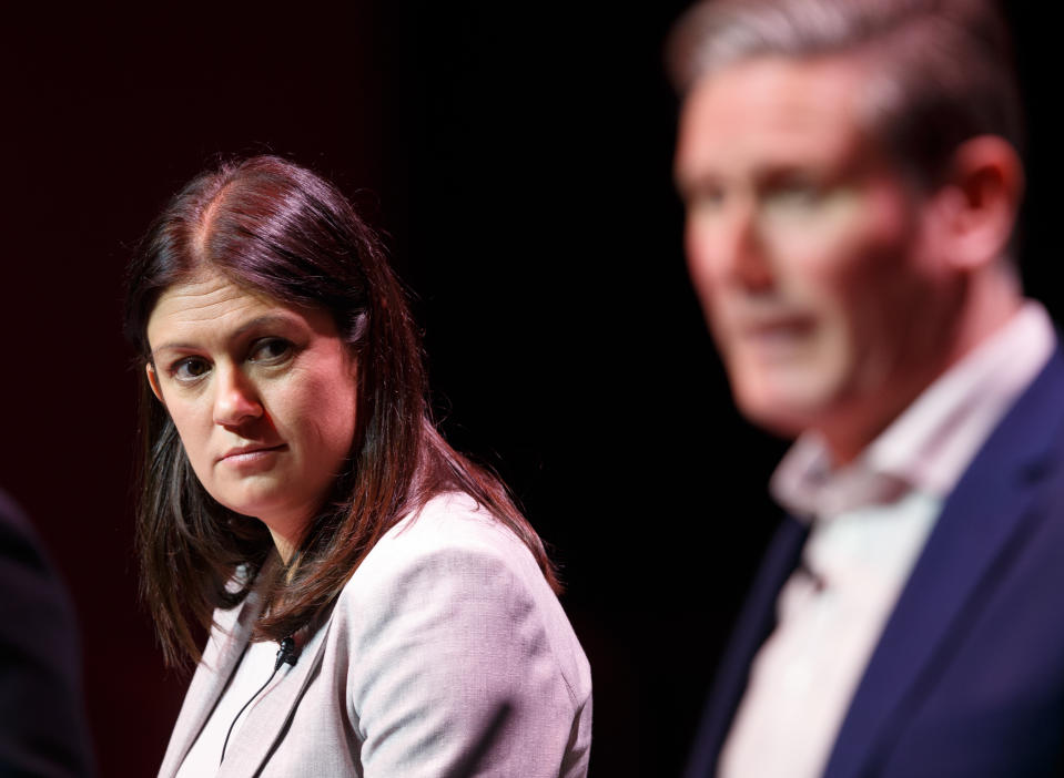 GLASGOW, SCOTLAND - FEBRUARY 15:  Lisa Nandy looks towards Sir Keir Starmer during the Labour leadership hustings on the stage at SEC in Glasgow on February 15, 2020 in Glasgow, Scotland. Sir Keir Starmer, Rebecca Long-Bailey and Lisa Nandy are vying to replace Labour leader Jeremy Corbyn, who offered to step down following his party's loss in the December 2019 general election. Emily Thornberry was eliminated from the race yesterday after failing to secure enough nominations from local constituency parties. (Photo by Robert Perry/Getty Images)