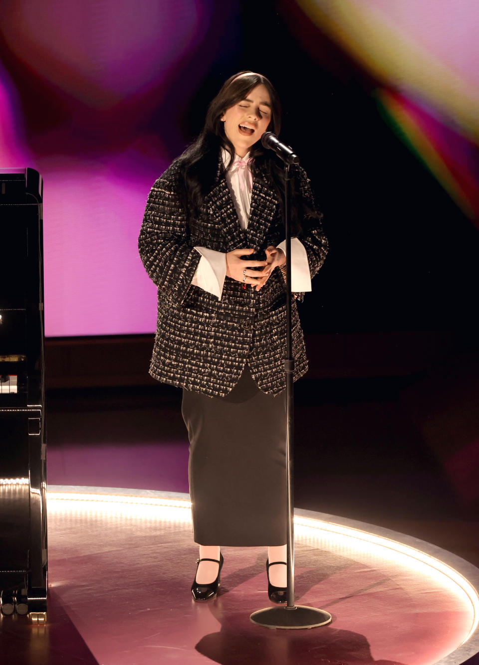 HOLLYWOOD, CALIFORNIA - MARCH 10: Billie Eilish performs onstage during the 96th Annual Academy Awards at Dolby Theatre on March 10, 2024 in Hollywood, California. (Photo by Kevin Winter/Getty Images)