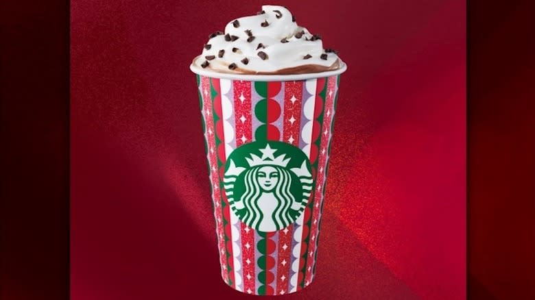 Starbucks Peppermint Mocha appears on red background 