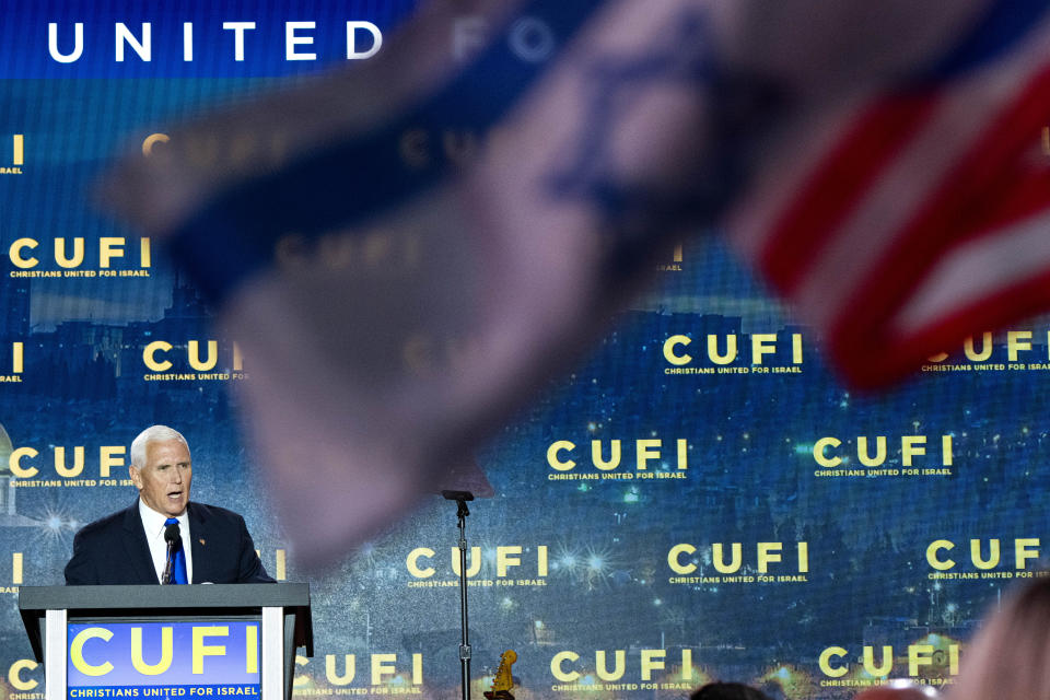 Republican presidential candidate former Vice President Mike Pence speaks at the Christians United For Israel (CUFI) "Night to Honor Israel," during the CUFI Summit 2023, Monday, July 17, 2023, in Arlington, Va., at the Crystal Gateway Marriott. (AP Photo/Jacquelyn Martin)