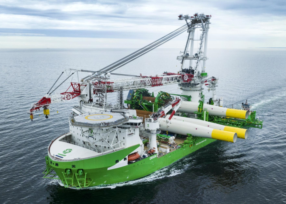 The heavy lift vessel Orion carries the first monopile towers and transitional pieces to Vineyard Wind's offshore wind farm area about 15 miles south of Martha's Vineyard. The pieces will form the foundations for the 62 turbines the company is erecting. Installation began on June 7.