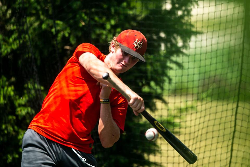 Western Dubuque's Brett Harris takes some swings in the family's batting cage June 19 in Peosta.