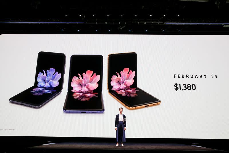 Rebecca Hirst of Samsung Electronics unveils the Z Flip foldable smartphone during Samsung Galaxy Unpacked 2020 in San Francisco