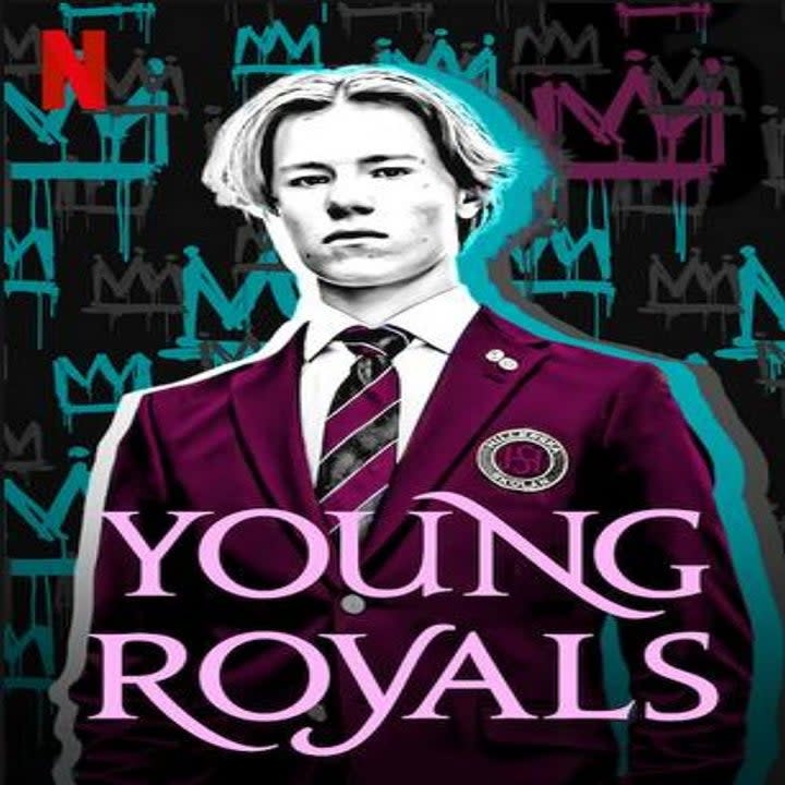 Graffiti crown backdrop, young man in private school uniform with text Young Royals.